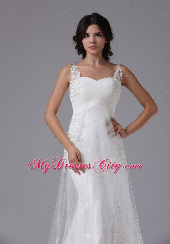 Straps Sweetheart Lace Brush Train Ruched Wedding Gown