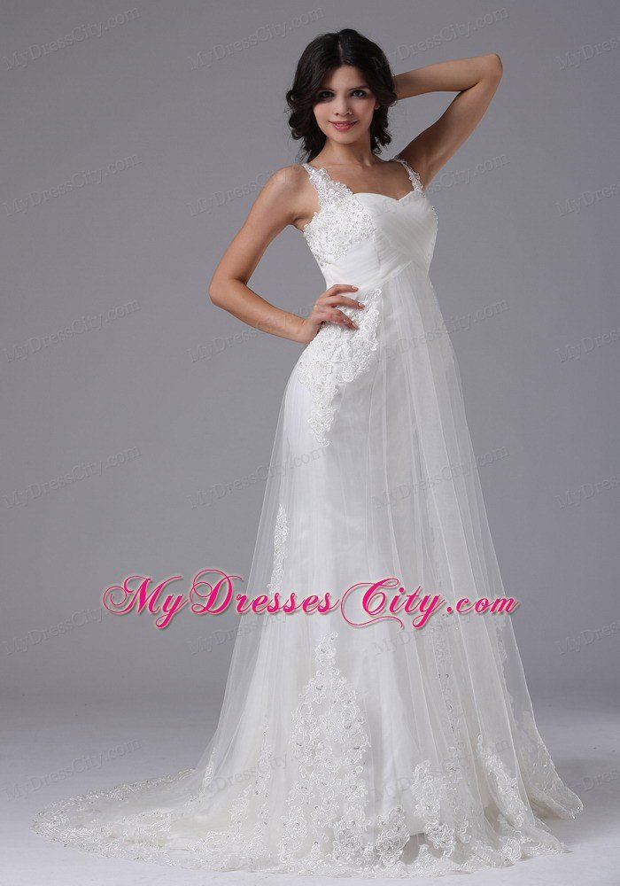 Straps Sweetheart Lace Brush Train Ruched Wedding Gown