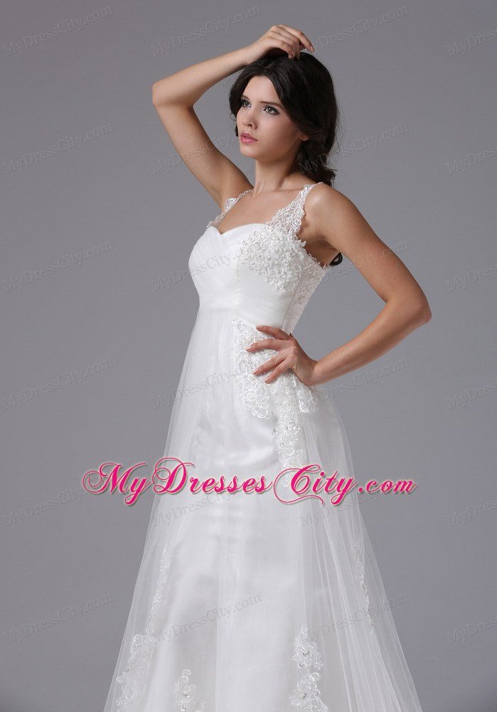 Straps Sweetheart Lace Brush Train Ruched Wedding Gown