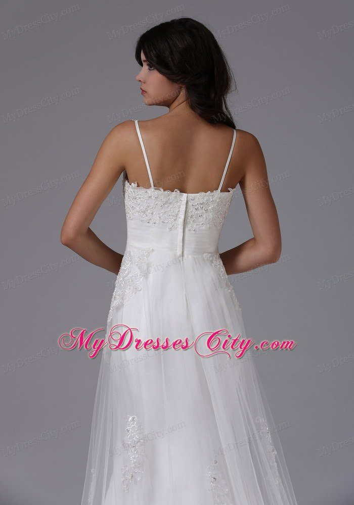 Straps Sweetheart Lace Brush Train Ruched Wedding Gown