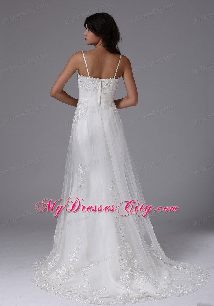 Straps Sweetheart Lace Brush Train Ruched Wedding Gown