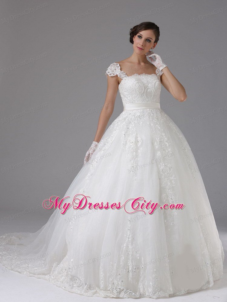 Straps Ball Gown Lace Sash Wedding Gown with Brush Train