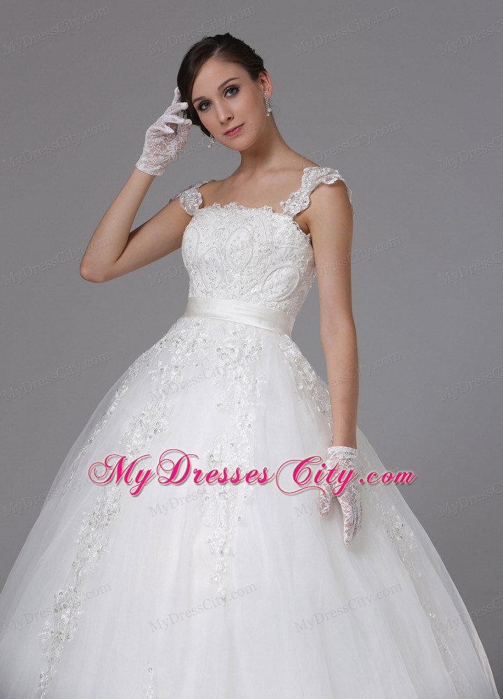 Straps Ball Gown Lace Sash Wedding Gown with Brush Train