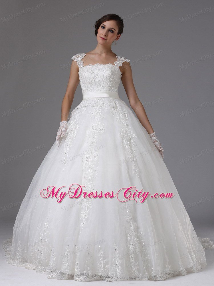 Straps Ball Gown Lace Sash Wedding Gown with Brush Train