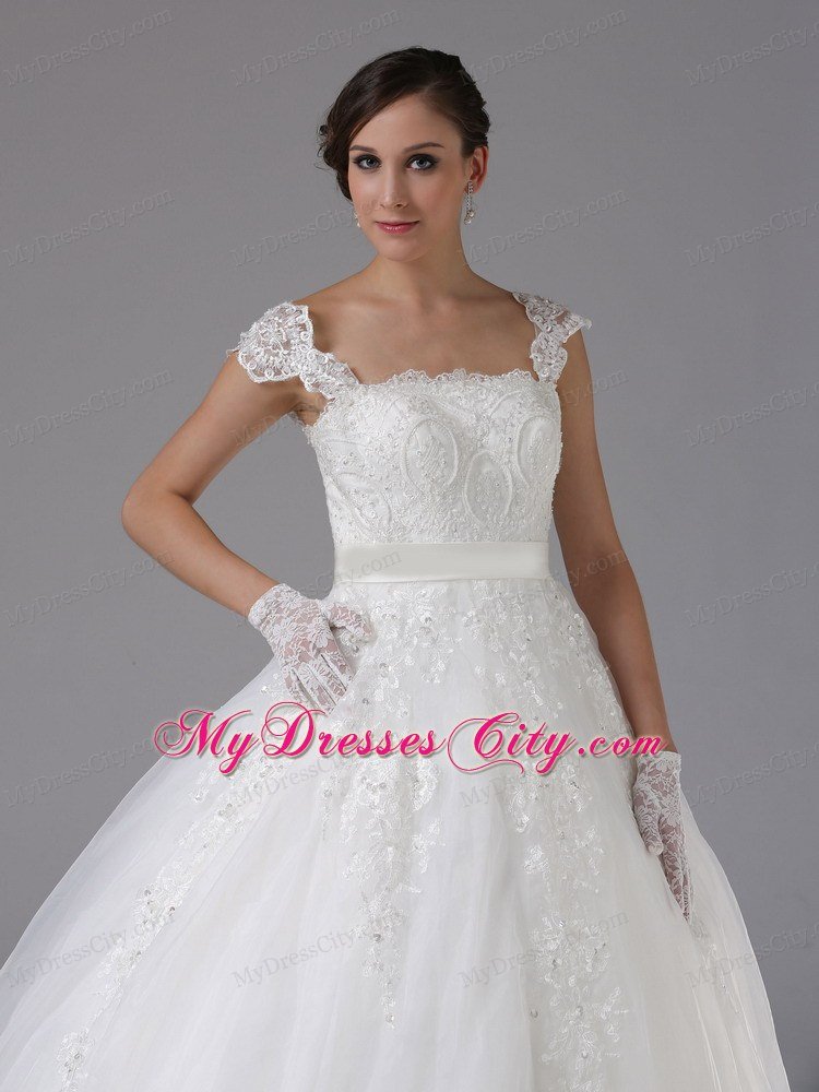 Straps Ball Gown Lace Sash Wedding Gown with Brush Train