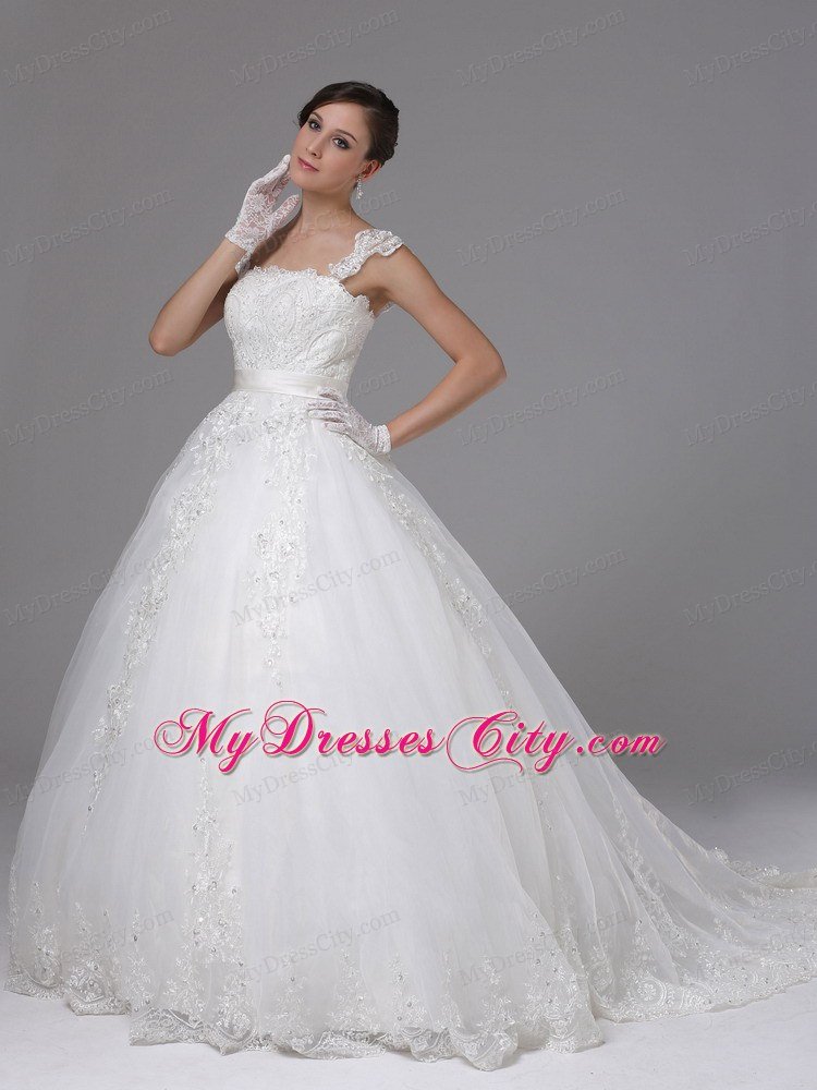 Straps Ball Gown Lace Sash Wedding Gown with Brush Train