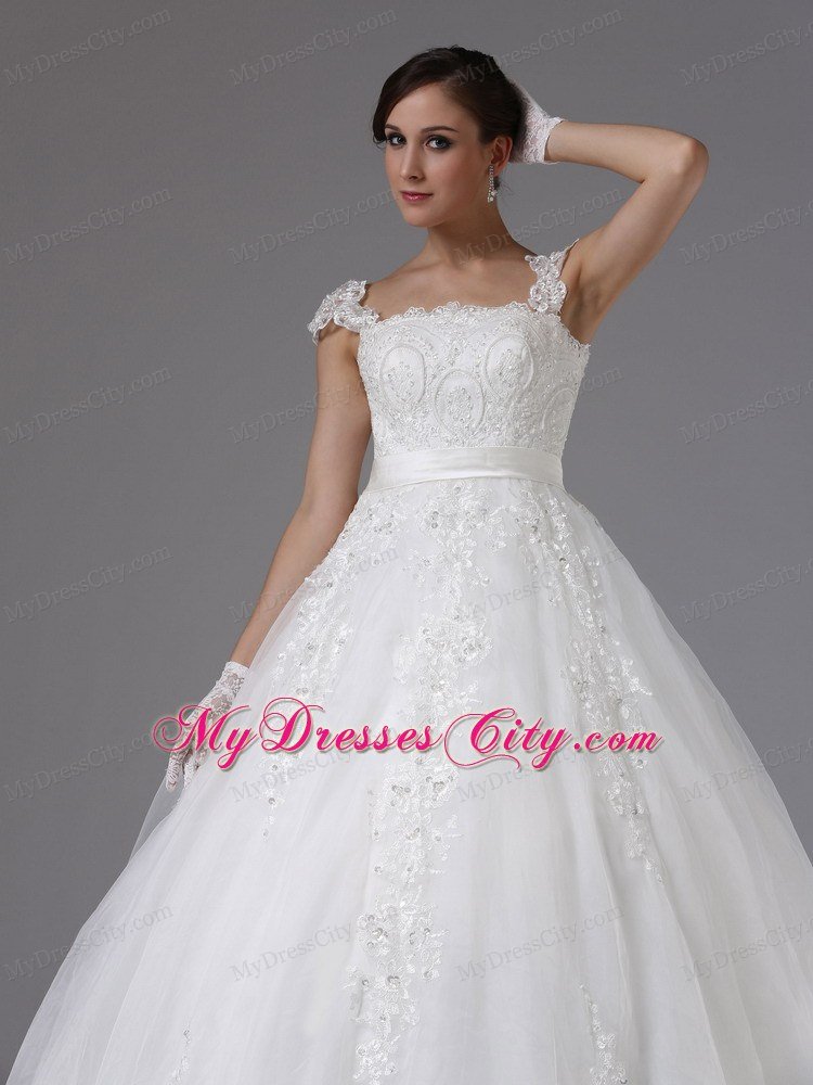 Straps Ball Gown Lace Sash Wedding Gown with Brush Train