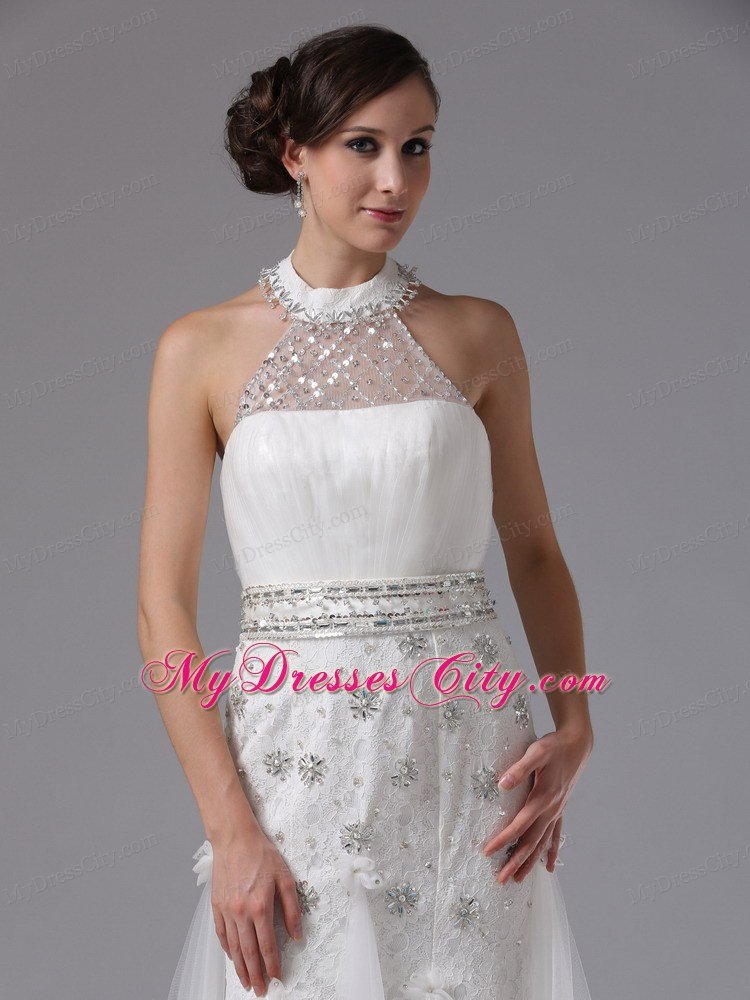 High-neck Beaded and Ruched Lace Brush Train Wedding Gown