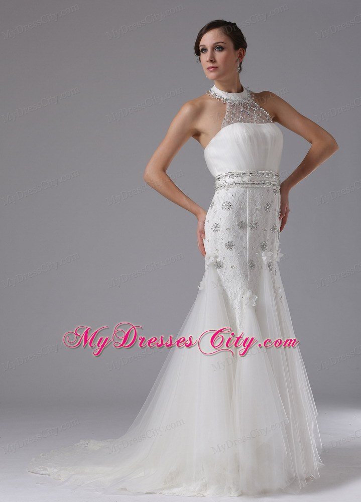 High-neck Beaded and Ruched Lace Brush Train Wedding Gown