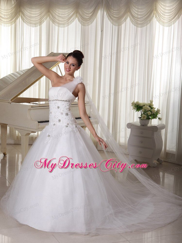 Flower Decorate One Shoulder Appliqued and Beaded Wedding Dress