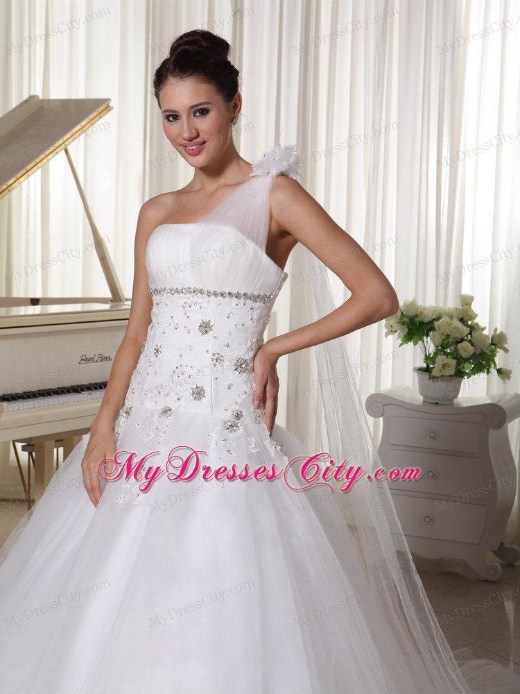 Flower Decorate One Shoulder Appliqued and Beaded Wedding Dress