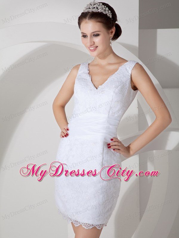 Breathtaking Mini-length Column V-neck Satin and Lace Wedding Dresses