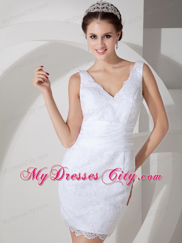 Breathtaking Mini-length Column V-neck Satin and Lace Wedding Dresses