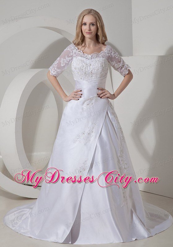 High end A-line Scoop Chapel Train Lace Wedding Dress with Sheer Sleeves