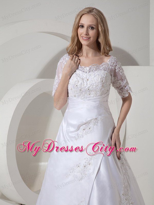 High end A-line Scoop Chapel Train Lace Wedding Dress with Sheer Sleeves