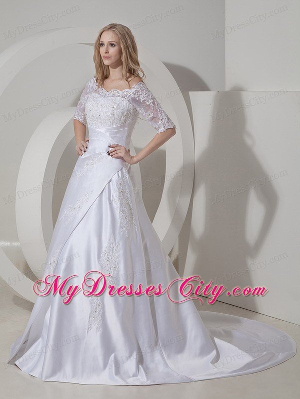 High end A-line Scoop Chapel Train Lace Wedding Dress with Sheer Sleeves