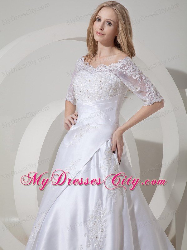 High end A-line Scoop Chapel Train Lace Wedding Dress with Sheer Sleeves