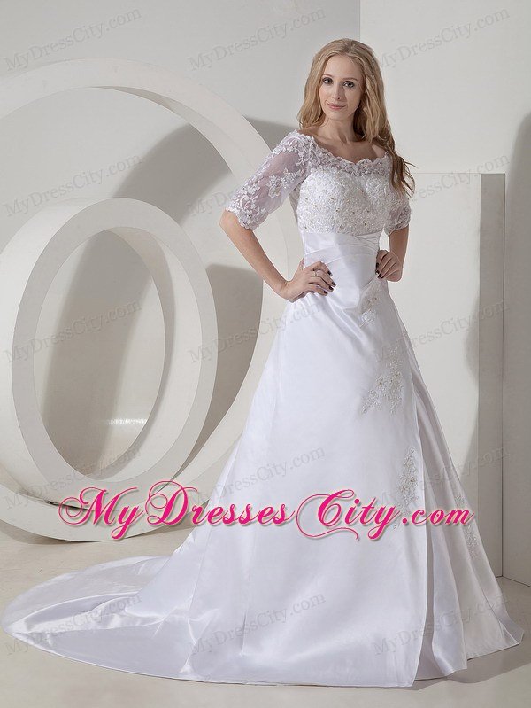 High end A-line Scoop Chapel Train Lace Wedding Dress with Sheer Sleeves