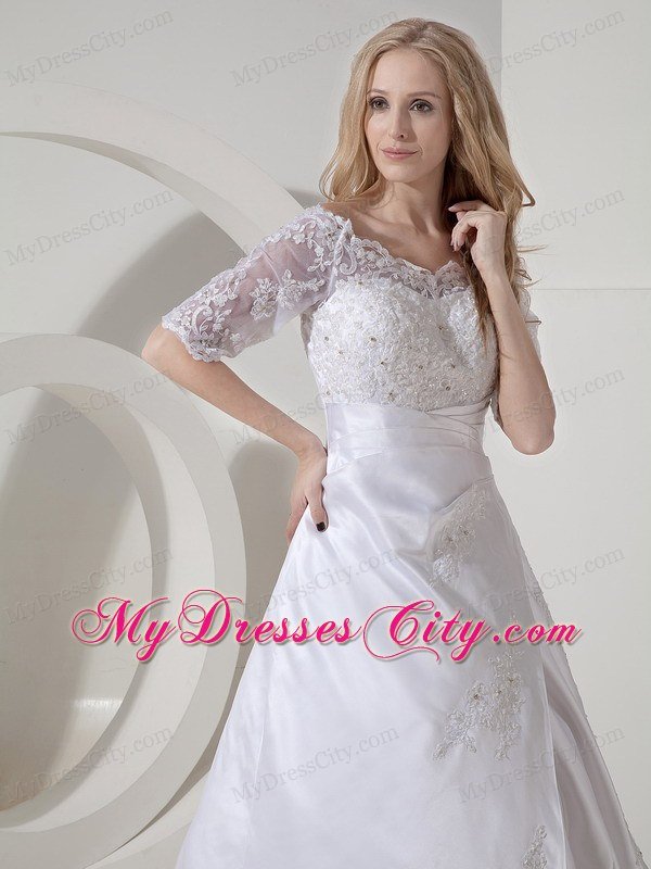 High end A-line Scoop Chapel Train Lace Wedding Dress with Sheer Sleeves