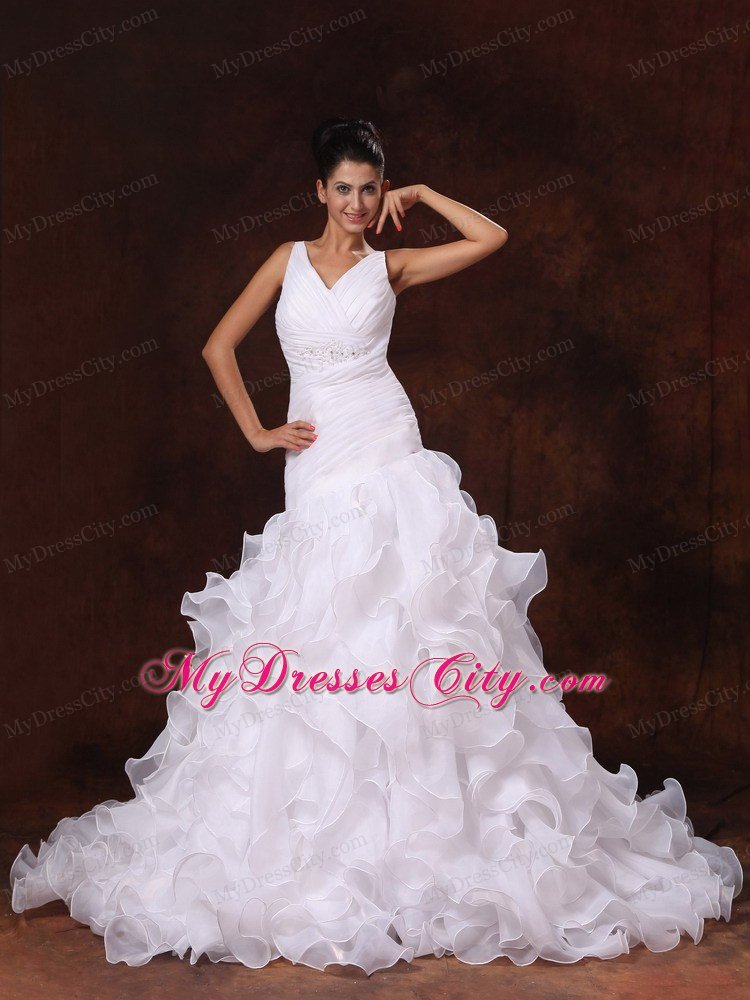 A-line V-neck Ruffled Wedding Dress with Organza Train for Church Wedding