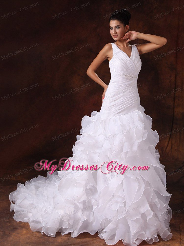 A-line V-neck Ruffled Wedding Dress with Organza Train for Church Wedding