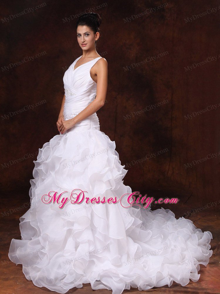 A-line V-neck Ruffled Wedding Dress with Organza Train for Church Wedding