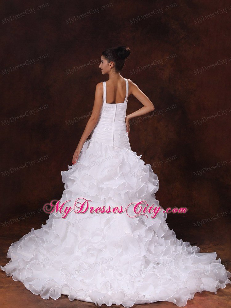 A-line V-neck Ruffled Wedding Dress with Organza Train for Church Wedding