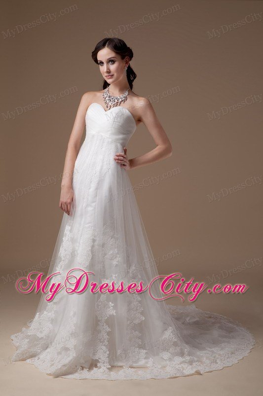 Wonderful A-line Sweetheart Brush Train Tulle and Lace Wedding Gowns