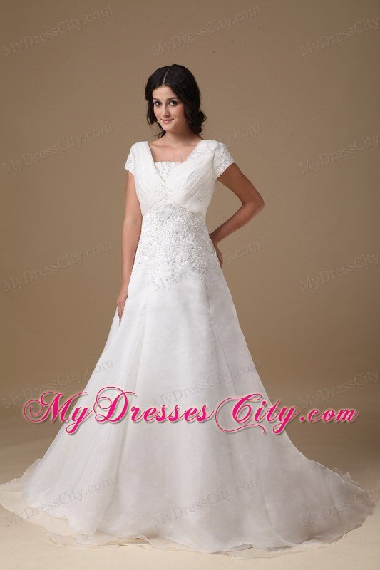 Cute A-line V-neck Court Train Appliques Wedding Dress with Cap Sleeves