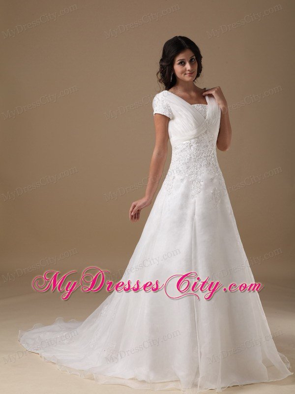 Cute A-line V-neck Court Train Appliques Wedding Dress with Cap Sleeves