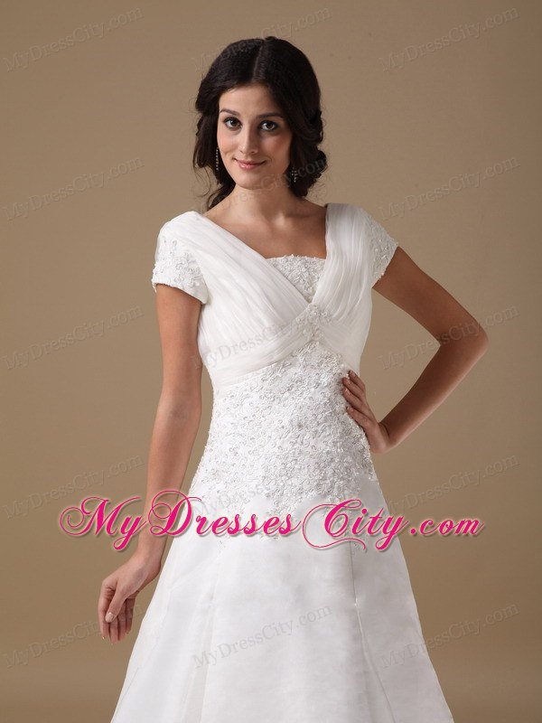 Cute A-line V-neck Court Train Appliques Wedding Dress with Cap Sleeves