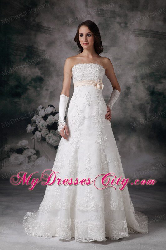 Formal Long A-line Strapless Court Train and Bowknot Lace Wedding Dress