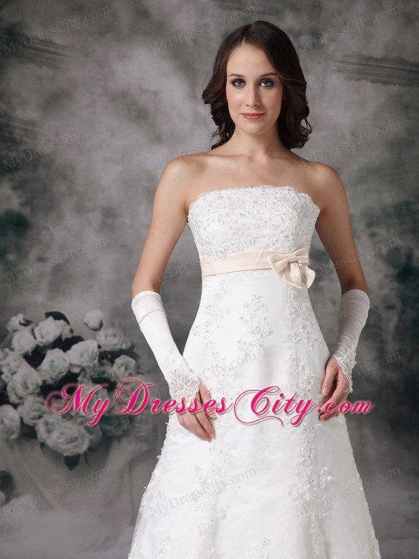 Formal Long A-line Strapless Court Train and Bowknot Lace Wedding Dress