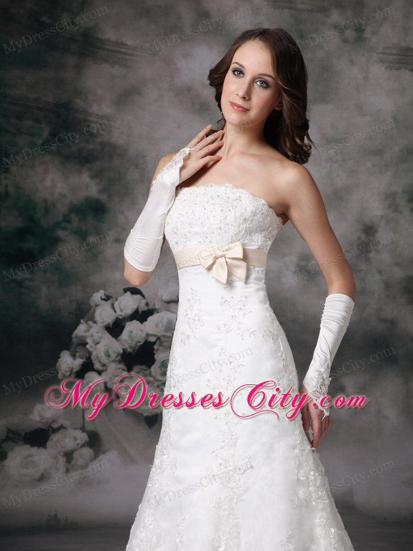 Formal Long A-line Strapless Court Train and Bowknot Lace Wedding Dress