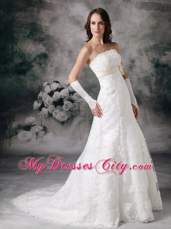 Formal Long A-line Strapless Court Train and Bowknot Lace Wedding Dress