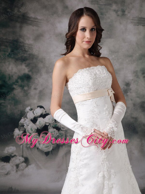 Formal Long A-line Strapless Court Train and Bowknot Lace Wedding Dress