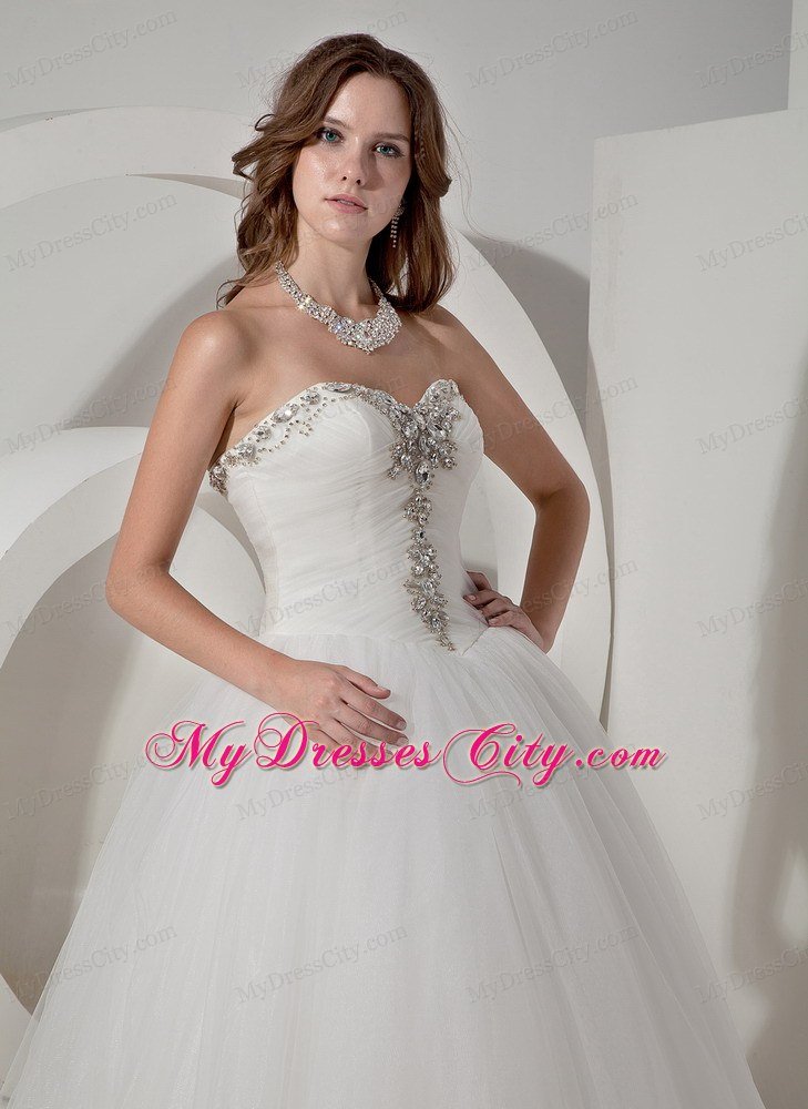 A-line Beaded Sweetheart Taffeta and Organza Wedding Dress with Train