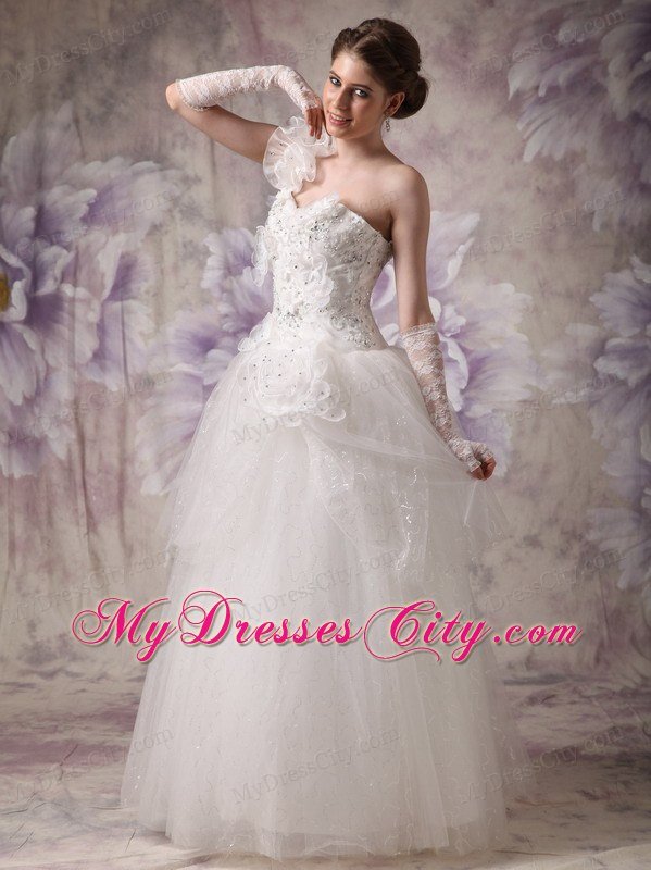 Beaded A-line One Ruffle Shoulder Floor-length Organza Wedding Dress