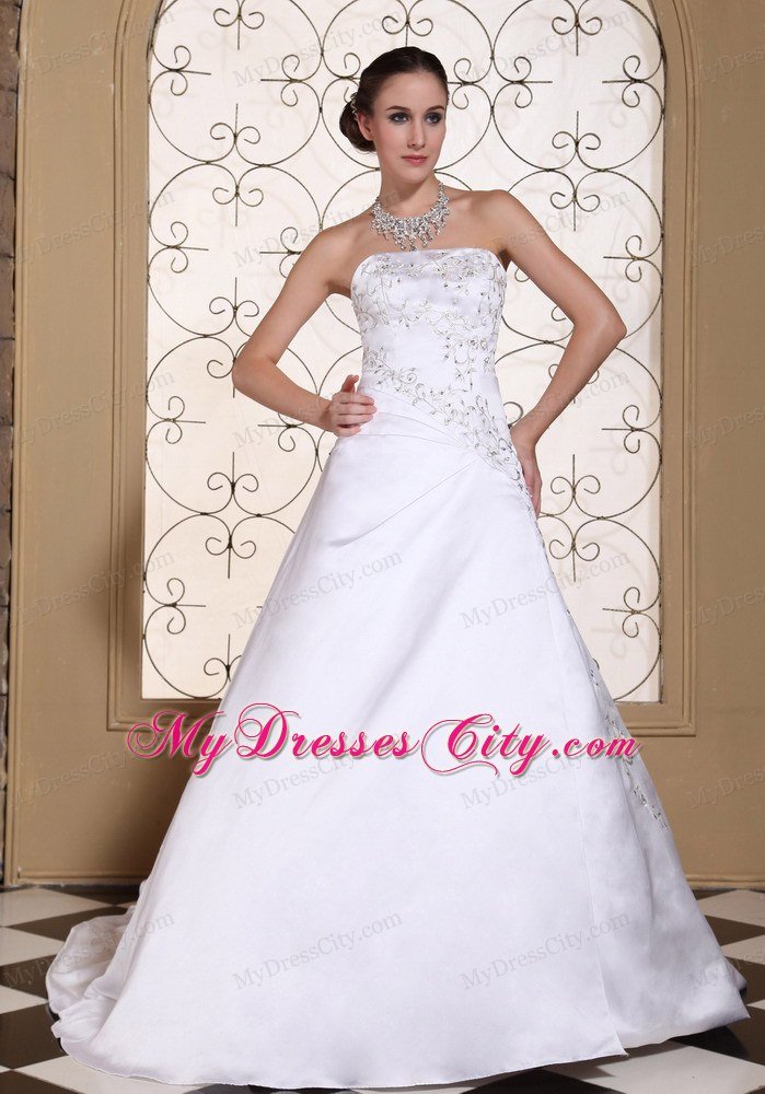 Modest Embroidery On Satin 2013 Strapless Bridal Dress A-line on Sale