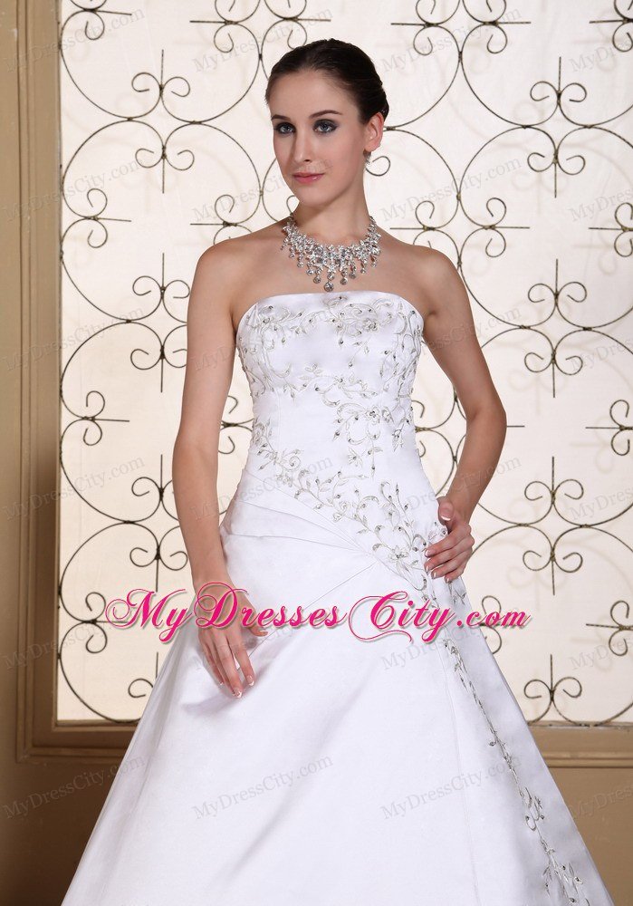 Modest Embroidery On Satin 2013 Strapless Bridal Dress A-line on Sale