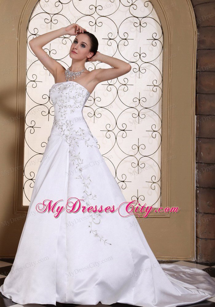 Modest Embroidery On Satin 2013 Strapless Bridal Dress A-line on Sale