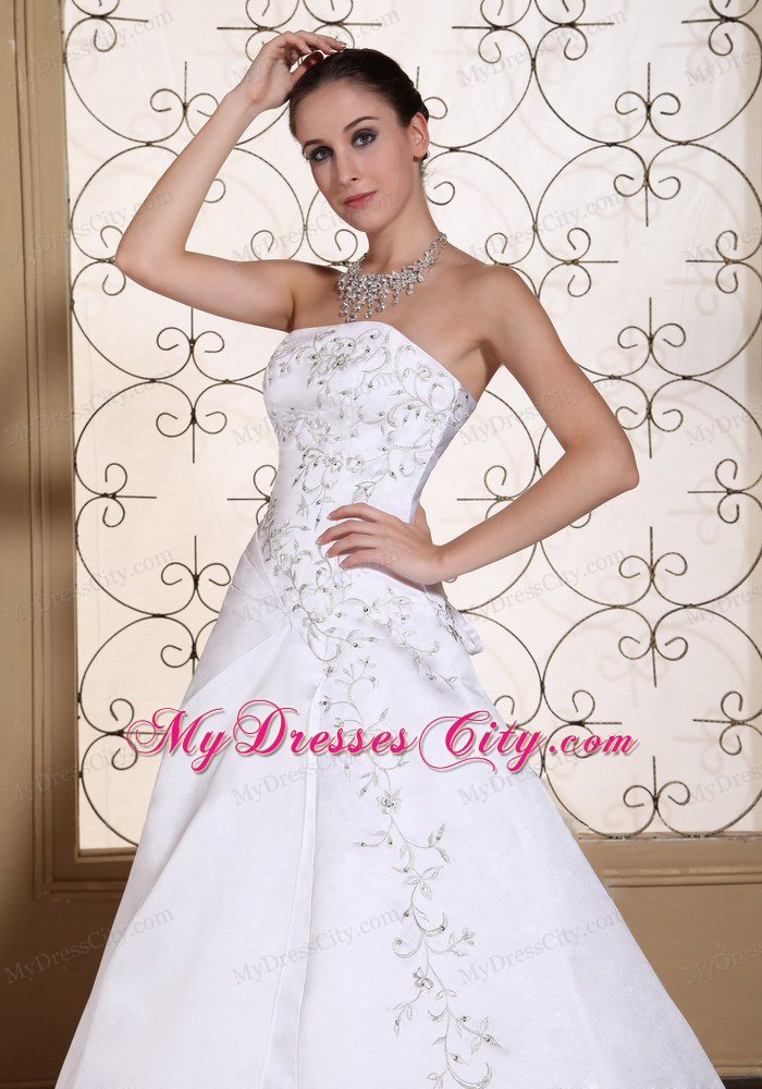 Modest Embroidery On Satin 2013 Strapless Bridal Dress A-line on Sale