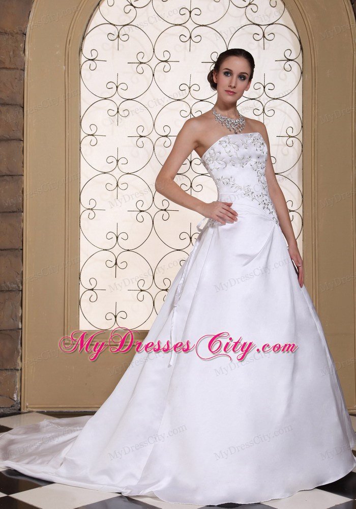 Modest Embroidery On Satin 2013 Strapless Bridal Dress A-line on Sale