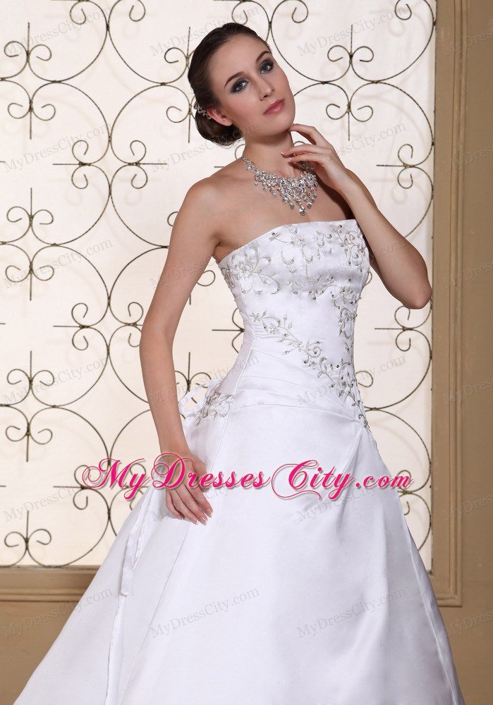 Modest Embroidery On Satin 2013 Strapless Bridal Dress A-line on Sale