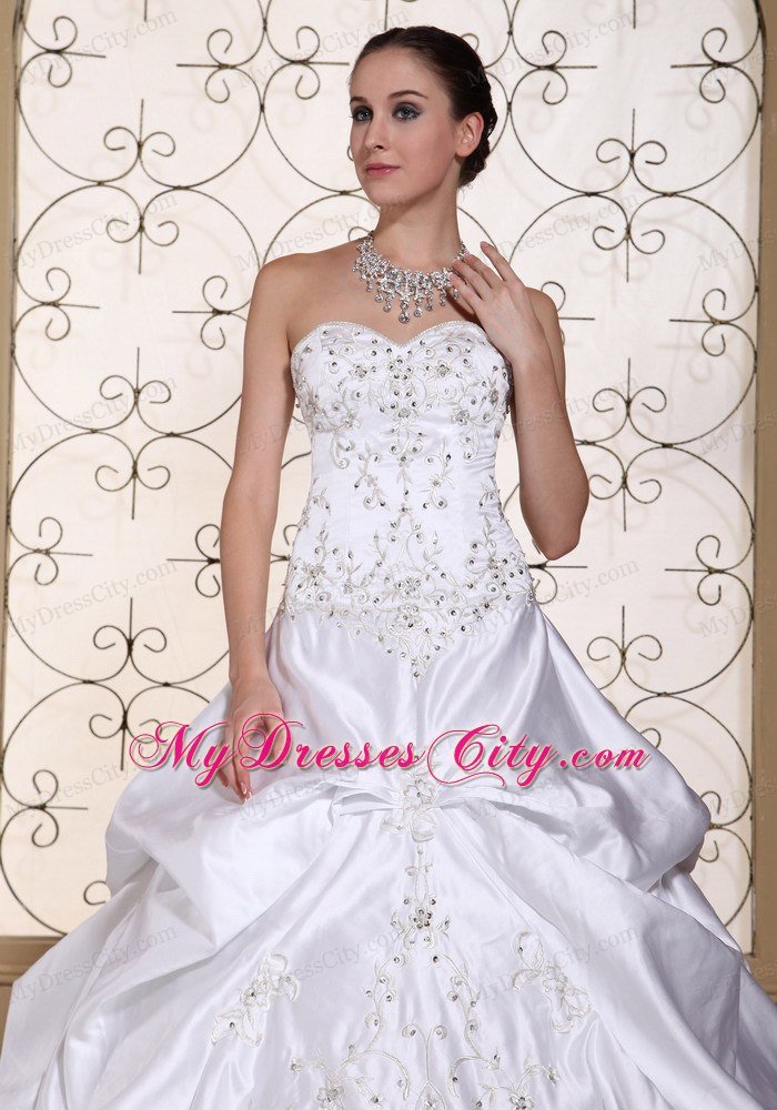 A-line Embroidery Sweetheart Pick-ups Wedding Dress with Chapel Train