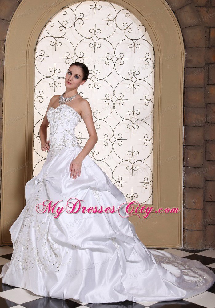 A-line Embroidery Sweetheart Pick-ups Wedding Dress with Chapel Train