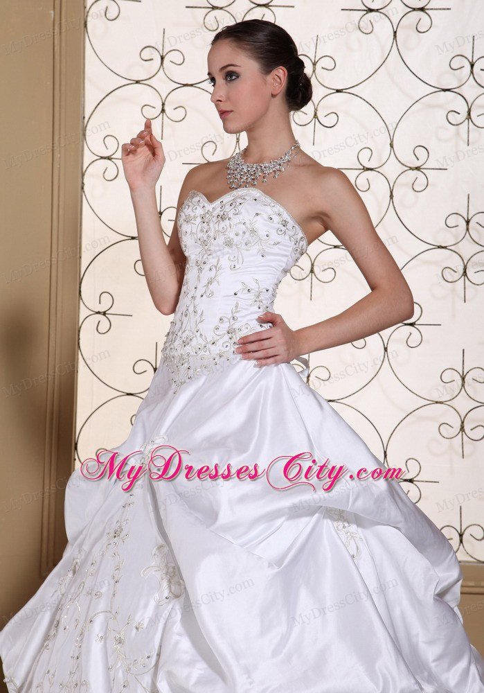 A-line Embroidery Sweetheart Pick-ups Wedding Dress with Chapel Train