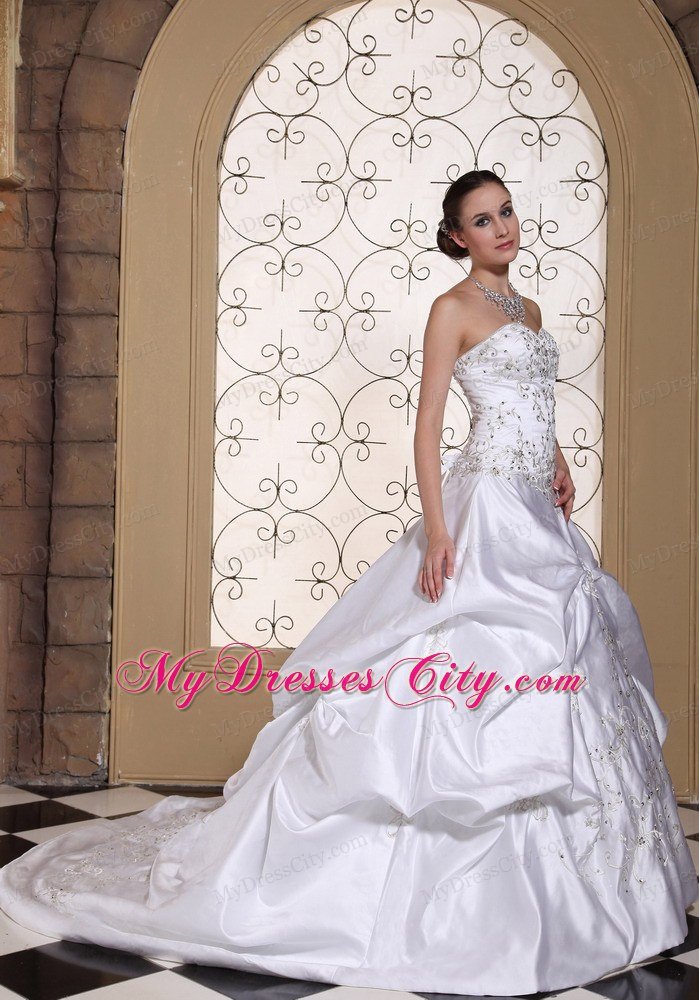 A-line Embroidery Sweetheart Pick-ups Wedding Dress with Chapel Train