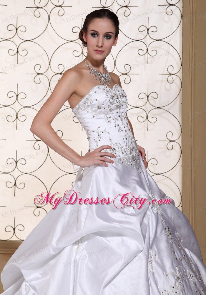 A-line Embroidery Sweetheart Pick-ups Wedding Dress with Chapel Train