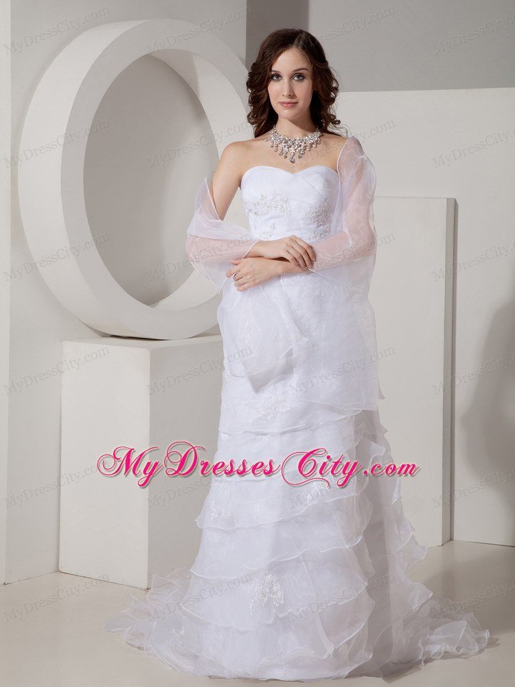 Ruffled Sheath Sweetheart Sweep Organza Appliques Wedding Dress